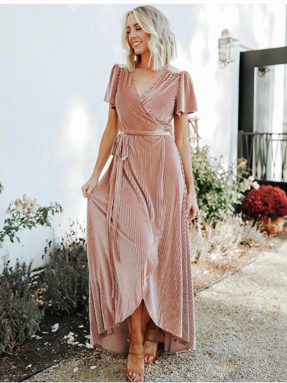 Baltic Born Andi Ribbed Velvet Wrap Maxi Dress M Rose Gold Champagne Wedding